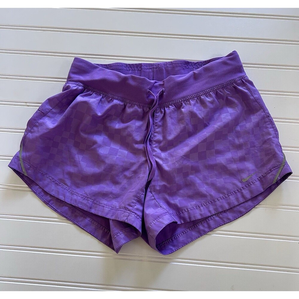 Nike Dri-FIT Women's XS Purple Checkered Running Shorts Distressed Logo